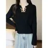 Elegante suéter de punto con cuello en V y manga larga para mujer, otoño e invierno, adelgazante y que favorece la figura, de longitud corta