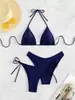 Bikini de Baño Popular de Moda Multicolor Sexy Push-Up con Cuello Halter y Atado de Color Sólido Europeo y Americano Más Vendido Transfronterizo Set de Tres Piezas