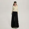 Calça pantalona larga de cintura alta estilo retrô americano com cós elástico e cordão, calça casual versátil para mulheres, coleção outono e inverno, e calça comprida