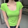 Foto Real de Camiseta de Manga Corta para Mujer Ins Trendy Verano 2025 Nuevo Versátil Cuello Redondo Bajo Clavícula Adelgazante Look Top