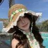 Chapéu de Palha Floral para Mulheres, Chapéu de Sol de Verão Estilo Ins com Aba Larga, Chapéu de Pescador Dobrável para Férias na Praia e Viagem