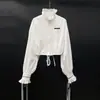 Nuevo Conjunto de Dos Piezas para Mujer Otoño 2026: Camisa Corta con Cuello Alto, Cintas de Encaje y Corbata, Conjunto de Camisa y Shorts de Cintura Alta