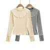 Top Elegante y Suave de Media Altura con Volantes y Mangas Largas para Usar como Capa Exterior, Versátil para Otoño e Invierno, Capa Base Ajustada con Forro Polar para Mujer