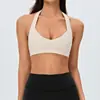 Sujetador deportivo de cuello halter para mujer con almohadillas extraíbles, espalda abierta grande, paneles laterales curvos, sujetador de yoga