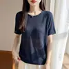 Camiseta de Punto de Lino de Alta Gama Estilo Francés de Manga Corta para Mujer, Verano 2026, Delgada, Transpirable, Corte Holgado, Camiseta Base Adelgazante de Media Manga