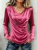 Colección de otoño 2026 nueva, transfronteriza, estilo europeo, americano y asiático: Camiseta de mujer de alta gama, satinada, con botones asimétricos, cuello con volantes, manga larga