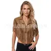 Xale curto feminino com lapela de franjas e tachas, com decoração de rebites de bronze vintage, peça em camadas estilo cowboy western vintage