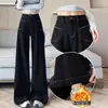 Pantalones vaqueros retro negros de pierna ancha, forrados de forro polar y engrosados, para mujer, otoño/invierno, para cuerpo tipo pera, de cintura alta, holgados, adelgazantes, de pierna recta