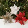 Decorações de flores de Natal em dourado e vermelho com lantejoulas e glitter, flores de Natal artificiais feitas à mão em formato de fênix, acessórios para árvore de Natal