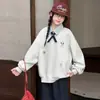 Sudadera con Capucha y Cuello Estilo Academia para Niñas, Tallas Mediana a Grande, Estilo Coreano Holgado, Nueva Llegada Primavera/Otoño, Top de Manga Larga con Bordado de Dibujos Animados, Otoño
