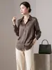 Camisa de Seda Satinada de Outono para Mulheres, Nova Camisa Lisa para o Trabalho com Gola Lapela, Caimento Regular nos Ombros, Blusa de Seda de Amora de Manga Longa para Mulheres