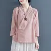Camisa bordada de algodón y lino estilo chino para mujer, camisa diagonal con botones, manga larga, otoño, estilo chino, top hanfu, ropa de té