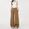 Calça Jeans Workwear com Barra Levemente Flare, Nova Calça de Primavera/Verão de Cintura Alta, Solta, Wide Leg, Comprimento no Chão para Mulheres, Calça Workwear Cáqui para Mulheres