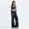 Jeans Azules Oscuros de Pierna Ancha para Mujer, Nuevo Estilo Primavera y Otoño, Cintura Alta, Holgados, Adelgazantes, Degradado Estilo Americano, Pantalones Rectos de Largo hasta el Suelo