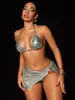 Bikini Personalizado Modelo Nuevo 2026 para Comercio Exterior, Atractivo Traje de Baño de Dos Piezas Estilo Europeo y Americano, Conjunto de Tres Piezas Transfronterizo, Color Dorado Sólido, Estilo Falda