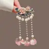 Presilha de Cabelo com Franja Esmaltada Azul Nuvens Auspiciosas Flores Rosas Franja para Mulheres Novo Estilo Chinês Franja Lateral Presilha Lateral Estilo Antigo Headdress Hanfu Acessórios de Cabelo