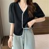 Camiseta corta de verano con escote en V y hombros descubiertos para chica gordita, estilo francés, adelgazante, talla grande, ropa para mujer