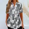 2025 Ropa Nueva para Mujer de Comercio Exterior Transfronterizo Europeo y Americano Cárdigan con Solapa Camiseta Casual Holgada con Dobladillo Curvo Estampada para Mujer