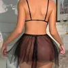 Rose Passion Lingerie Camisola Fina Sexy Transparente Tentaçao Renda de Rede Corrente de Contas Alça Conjunto F4931