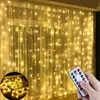Luces de Cortina de Cable de Cobre Modelo Nuevo Transfronterizas para Navidad, Decoración de Ambiente para Dormitorio Controladas por Control Remoto Alimentadas por Energía Solar, Luces de Cadena Estrelladas