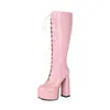 Nuevas Botas de Caballero de Encaje Estilo Británico Caña Alta Charol Botas para Mujer Botas de Tacón Grueso Estilo Callejero Botas de Moda 40-48 Botas de Comercio Exterior