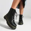 Botas de Montar de Cremallera Lateral Bajas para Mujer Talla 35-48, Botas de Cuero para Mujer Otoño e Invierno, Punta Redonda Charol, Suela Gruesa, Plataforma Impermeable, Tacón Medio