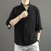 Camisa de Manga Corta Fina de Algodón y Lino de Verano para Hombre, Cuello Mao, Marca de Moda, Lino, Estilo Retro Japonés, Versátil Estilo Hong Kong, Camisa de Manga Tres Cuartos
