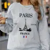Ropa deportiva europea de talla europea para mujer, de manga larga, para otoño e invierno, con estampado gráfico de la Torre Eiffel, cuello redondo cómodo, corte holgado