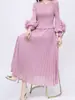 Moda Primavera y Verano Vestido Plisado 2025 Nuevo Transfronterizo Elegante Elegante Cuello Redondo Manga Larga Falda de Longitud Media Ropa de Mujer