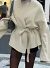 Abrigo Corto de Lana Doble Cara Estilo Francés Perezoso Chic con Cuello en V y Cinturón Cruzado para Mujer en Otoño e Invierno