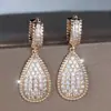 Brincos Europeus e Americanos Transfronteiriços Dourados Champagne Gota Cheios de Diamante Zircônia Branca Luxo Leve Estilo Celebridade Acessórios de Vestido de Alta Qualidade Venda Quente