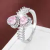 Exclusivamente para Ventas Transfronterizas, Exquisito Anillo Abierto con Diseño de Corazón de Doble Cabeza Incrustado de Circonita, Joyería de Anillo para Dedo Índice Estilo Dulce de Princesa