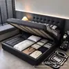 Cama de cuero minimalista italiana cama de cuero minimalista moderna cama de cuero de lujo ligero cama de cuero con capitoné de botones negros cama suave acolchada cuadrada cama de arte en cuero