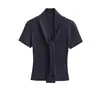 Camiseta informal de verano para mujer 2025, diseño simple estilo chal, corte ajustado, con corbata al frente, efecto en capas, top elegante y minimalista al por mayor