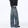 Jeans de mezclilla estilo retro americano con efecto salpicado y orejas de gato para hombre, pantalones holgados estilo callejero tipo papá, pantalones rectos de pierna ancha desgastados
