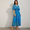 Vestido de Playa de Algodón Seda de Manga Corta con Cuello en V Estilo Étnico Transfronterizo Vestido de Viaje a Tailandia Vestido Floral Estampado de Verano para Vacaciones