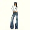 25º Look do Dia!|Calça Jeans Azul Lavada Vintage para Primavera e Verão, Estilo Americano High Street, Cintura Baixa, Perna Reta Solta Comprimento Total