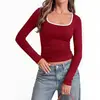 2026 Europeo y Americano transfronterizo Amazon cuello cuadrado corte ajustado bloques de color color liso casual versátil manga larga camiseta