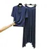 Conjunto de moda de verano para exteriores: camiseta modal con cuello en V y manga tres cuartos con cordón y falda larga de cintura alta, transfronterizo Amazon
