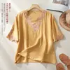 Camisa Bordada Artística de Algodón y Lino de Alta Calidad, Nueva de Verano 2026, con Cuello en V, Corte Holgado, Adelgazante y Versátil