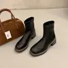 Outono 2026 Nova Moda Botas de Cano Curto com Salto Grosso e Bico Quadrado Salto Alto Botas Finas Simples Versátil Botas de Moda com Salto Alto