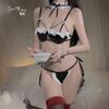 Ruoruo tentación sexy sin espalda calado delantal de tres puntos traje de sirvienta lencería sexy uniforme de puro deseo 4086