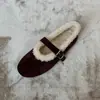 Zhi Ke~ Sapatos Mary Jane minimalistas para mulheres, sapatos baixos retrô de camurça com bico redondo e forro de pelúcia