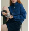 Cárdigan Corto de Cuello Vertical Suéter Suelto Suave Ceroso Adelgazante Corto Francés Azul Marino Oscuro Cárdigan para Mujer