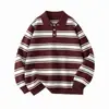 Suéter de punto con cuello de polo a rayas para hombre, otoño e invierno, casual, tejido grueso, cálido, top para hombre, chaqueta, moderno