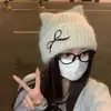 Gorro de Lana Tejido con Orejas de Gato Lindas para Mujer Invierno Estilo Coreano Adelgazante Sombrero para el Frío Engrosado Cálido Protección para los Oídos Gorro sin Visera