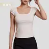 Top Feminino Puro Desejo Sexy de Manga Curta com Gola Quadrada e Bojo C073 Renda Ajustado Regata de Ombro Camisa Base