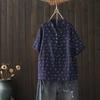 Nova chegada de verão, camisa artística retrô pequena com estampa floral, manga curta e decote em V para mulheres, blusa solta casual de fio de algodão com camada dupla