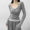 Camiseta de manga larga de dos piezas con costuras de encaje entalladas de estilo americano para mujer 2024 Nueva blusa elegante que favorece la figura
