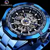 Nuevo reloj automático mecánico casual de moda para hombre estilo europeo y americano forsining, hueco, azul, electrochapado